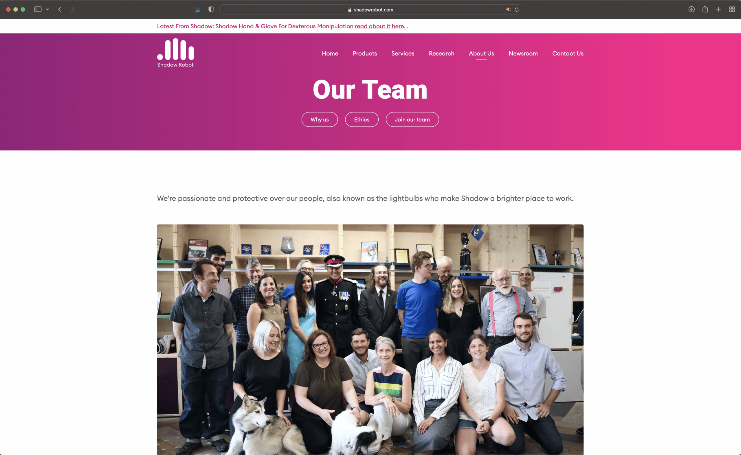 screenshot of company careers page on website